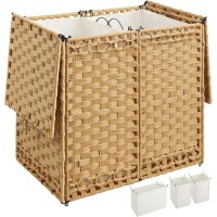 Woven Laundry Hamper with Lid, 65L Foldable Clothes Basket with 2 Removable Liner Bags, Rattan-Style Hamper with Handles for Sorting Dark & Light Laundry – Goose Yellow Model RXKE02NL